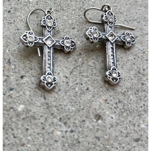 Vintage Cross Silver Tone Hook Religious Cross Dangle White Stone Earrings 1” - Picture 10 of 16